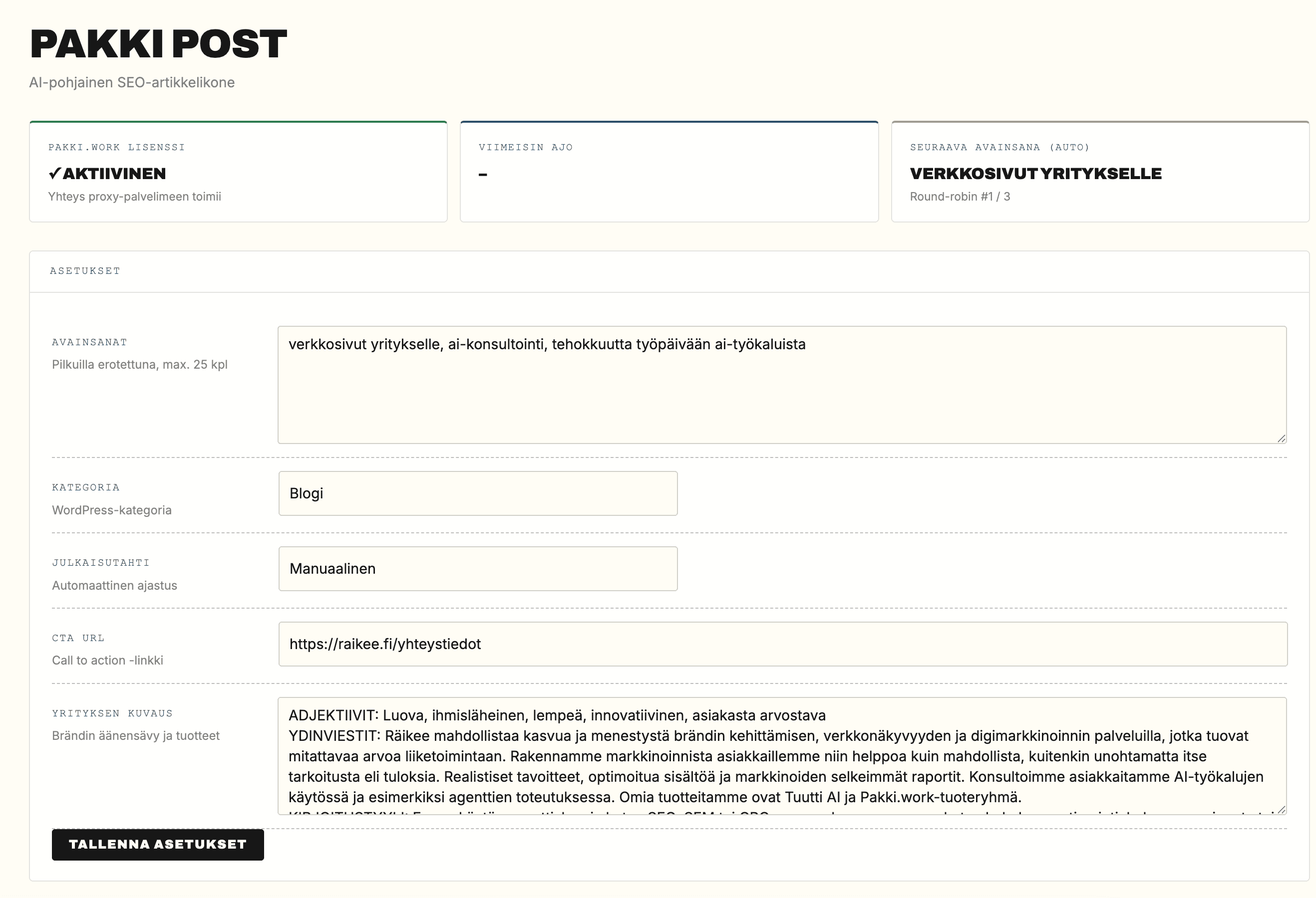 Pakki Post -työkalun hallintanäkymä